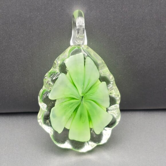 Artisan Glass Leaf Pendant 1.75x1.25" Green Floral Design Scalloped Edges - Picture 2 of 5